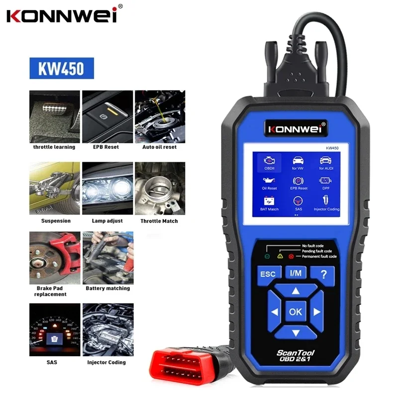 

KONNWEI KW450 OBD2 Diagnostic Tool Function Engine Check Car Fault Professional Scanner Full Systems For VW Audi Skoda SEAT ABS
