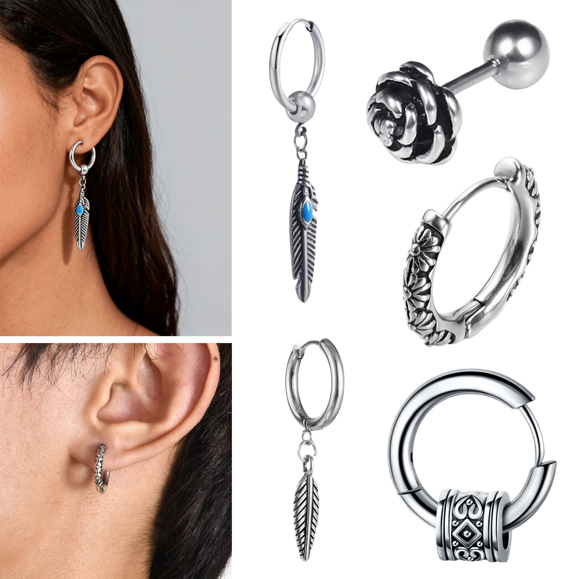 1-5 Paar Vintage Blume Edelstahl Baumeln Hängen Anhänger Tropfen Ohrringe Set für Frau Mann Piercing Ohr Blatt schmuck Neue In