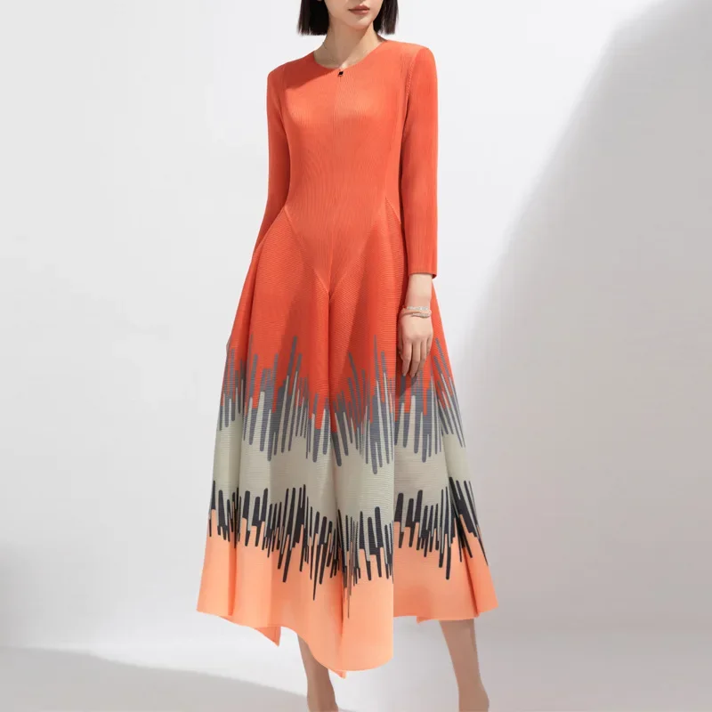 

Miyake Dress Women Winter Models Advanced Sense Loose Thin Printing Round Neck Pleated Elegant Temperament Swing Lantern Skirt