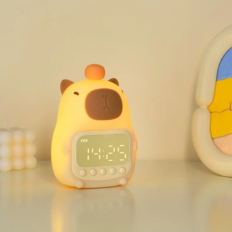 Capybara Led Night Light Silicone Rechargeable Digital Alarm Clock Dimmable Table Lamp Timing USB Charge Children Birthday Gift 3