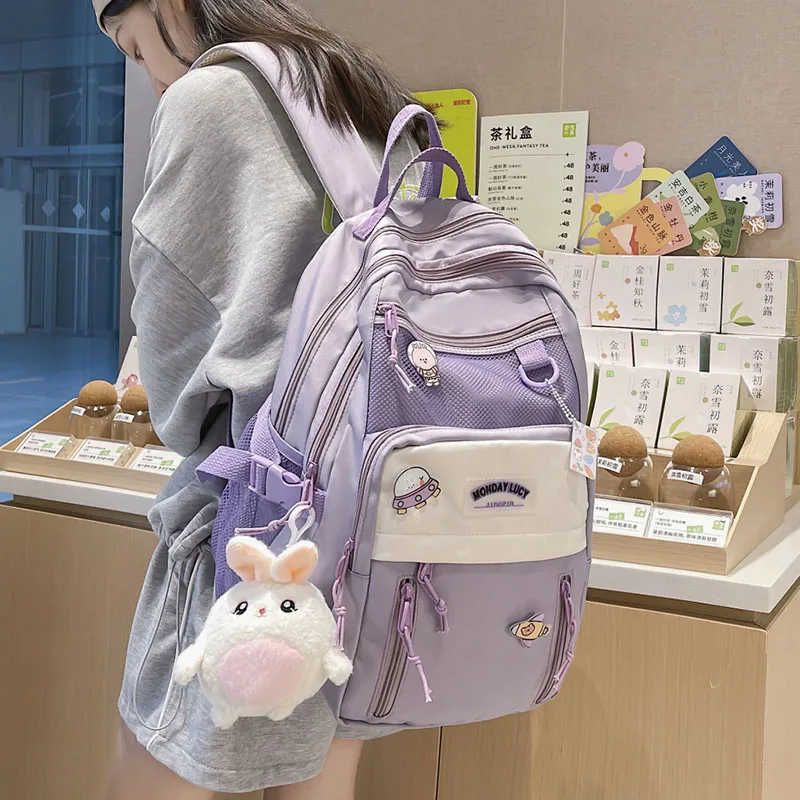 HOCODO Solid Color Backpack Female Fashion Travel Backpack For Teenage Multi Pocket Women Backpacks Denim School Bag Unisex