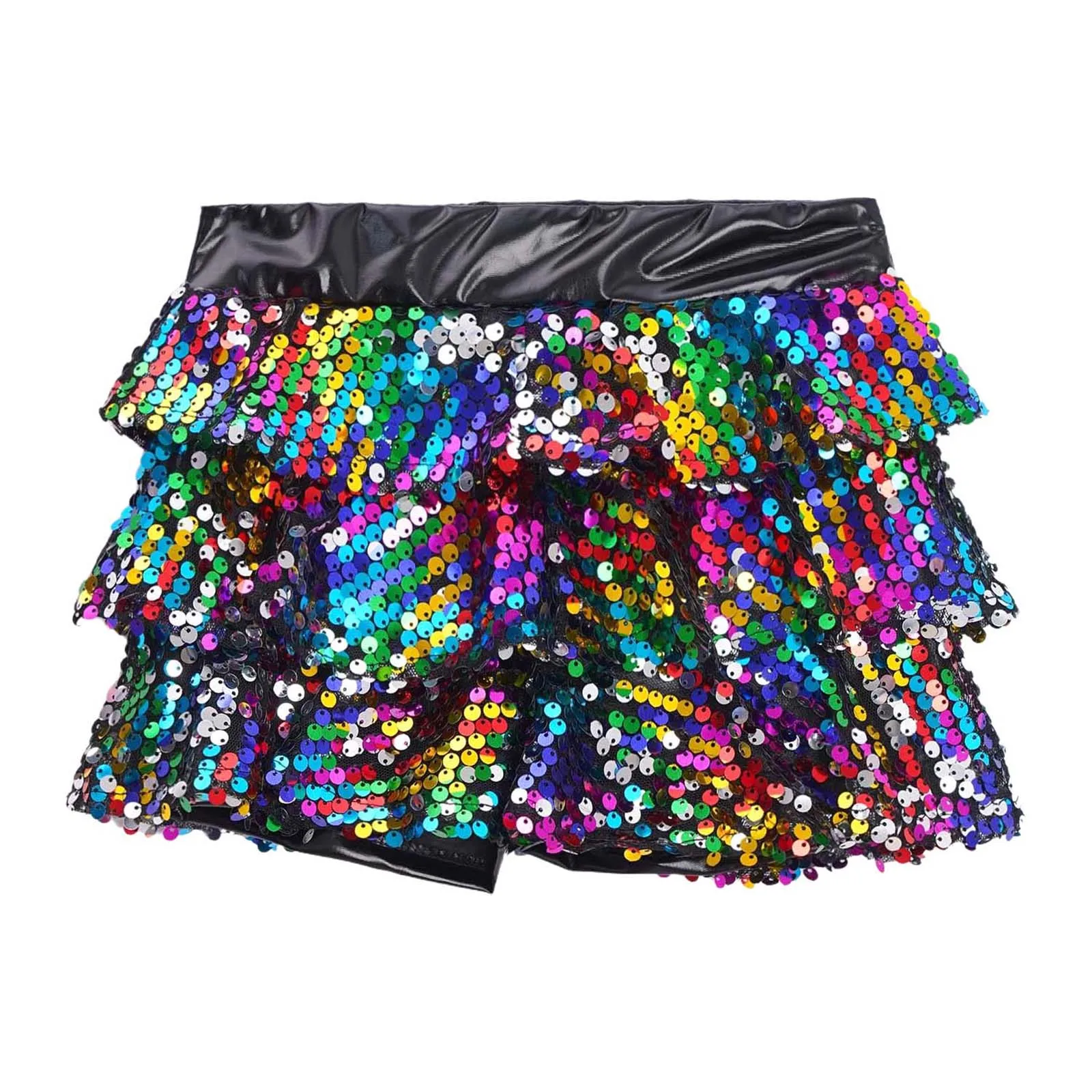 Kinder Mädchen Metallic Hip-Hop Jazz Tanz Culottes Glänzende Pailletten Mehrlagige Rüschen Latin Jazz Rockshorts Bühnenkostüm – Detail 5
