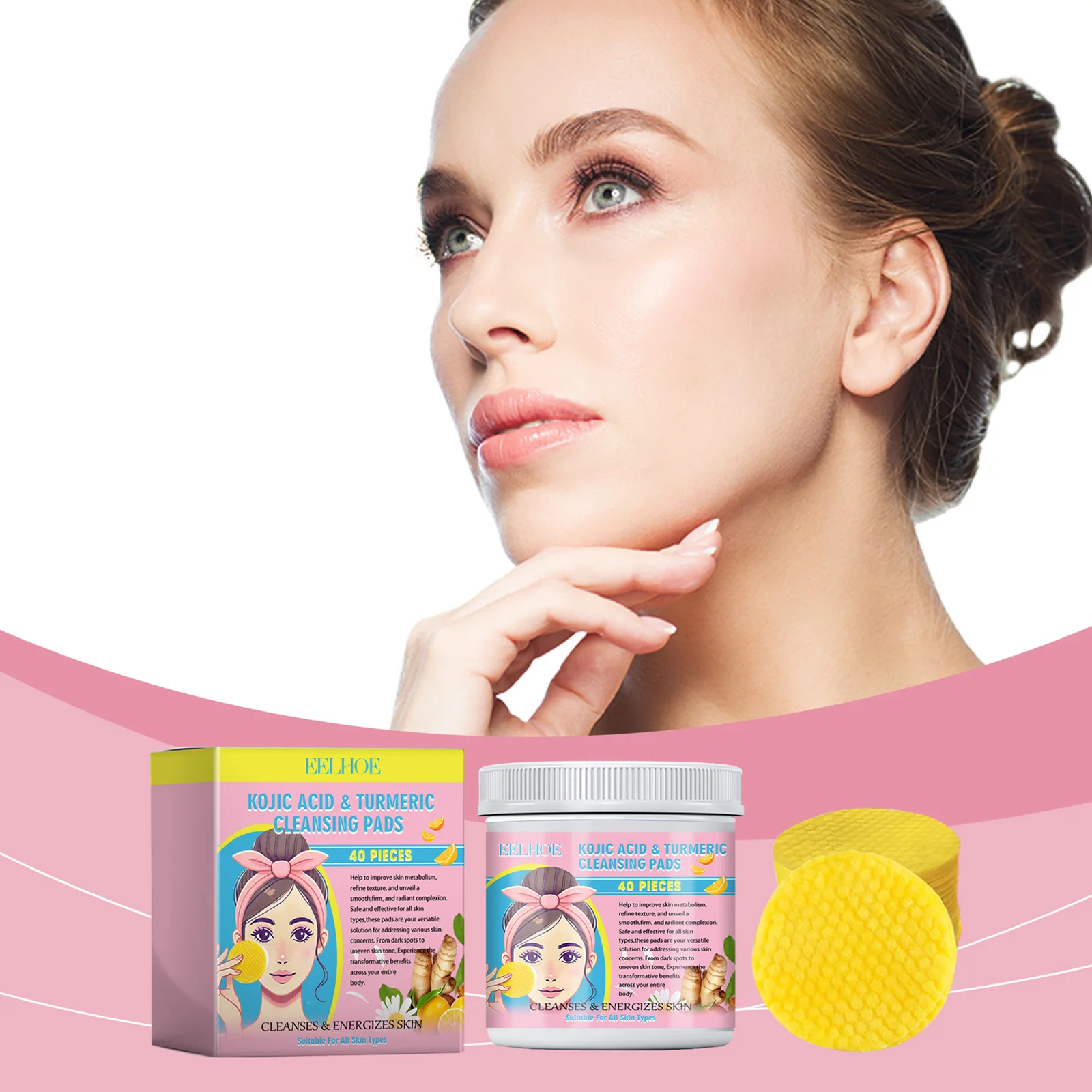 EELHOE Turmeric Kojic Acid Facial Cleansing Pads Cleaning Remover Pores Dirt Moisturizer Face Exfoliating Daily Clean Skin Care 3