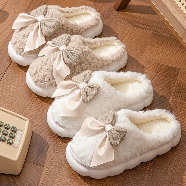 Cotton slippers for women bow slippers for autumn and winter warm for women thick soled non slip home plush slippers 2