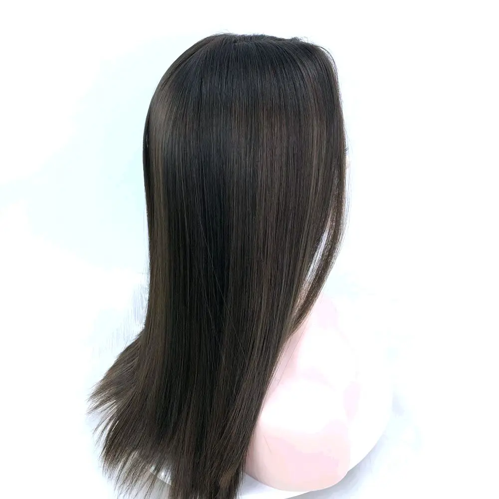 Free Shipping European Human Hair Silk Base Top Hand Tied Wigs Dark Brown Color with Highlight Jewish Kosher Wig image_1