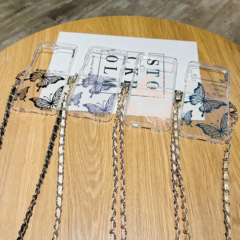 Custodia con cordino in metallo con stampa a farfalla per Samsung Galaxy Z Flip 6 5 4 3 5G Custodia trasparente pieghevole in silicone TPU per Samsung Z Flip5_voghion.com