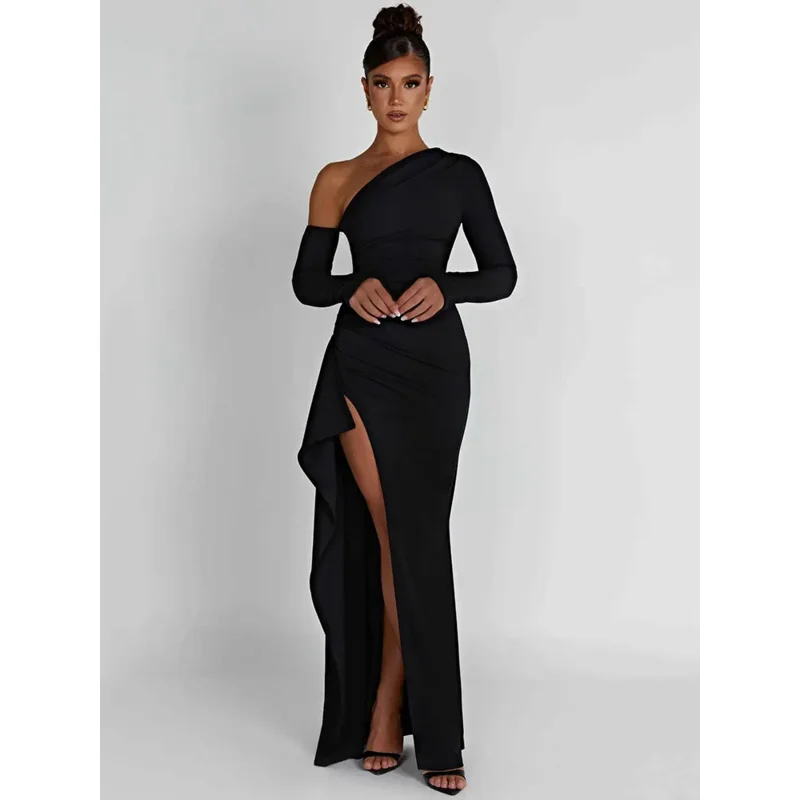 

Oblique Shoulder Thigh High Split Maxi Dress Women Long Sleeve Backless Bodycon Sexy Club Party Long Dress Vestidos