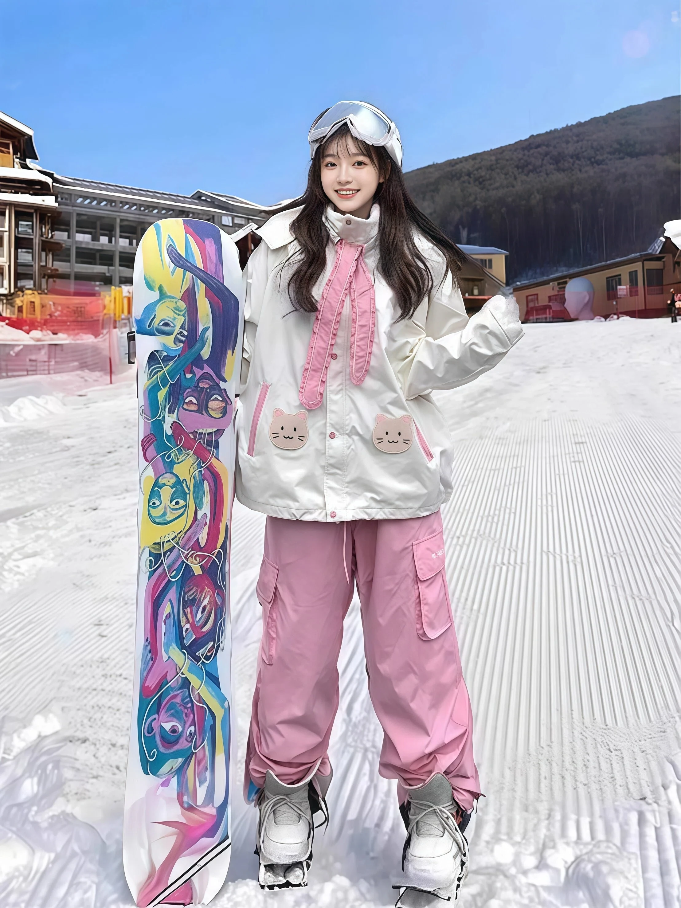 남성용 및 여성용 핑크색 스키 재킷, 스키 바지, 따뜻하고 방풍 기능이 있는 겨울용 후드 점프수트, 방수 기능