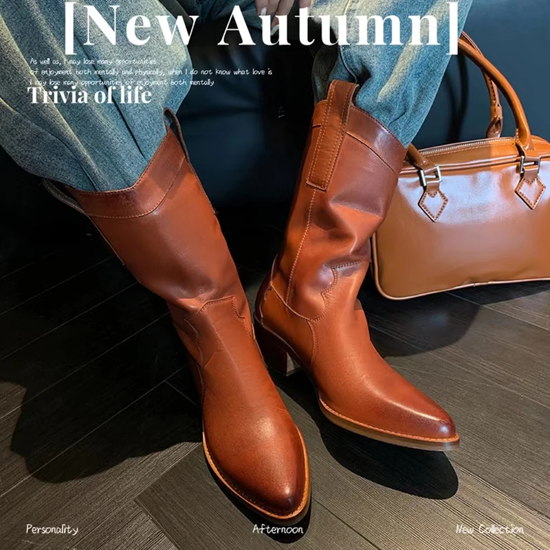 

Women Western Boots Slip On Pointed Toe Chunky Heel 5 CM Cowgirls Winter Warm Ankle Boots Spring Autumn Woman Shoes