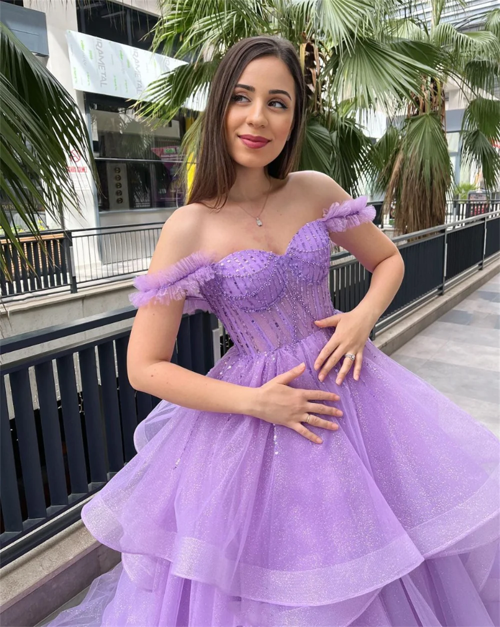 Sansa Purple Off Shoulder Prom Dress Sweet Curling Edge