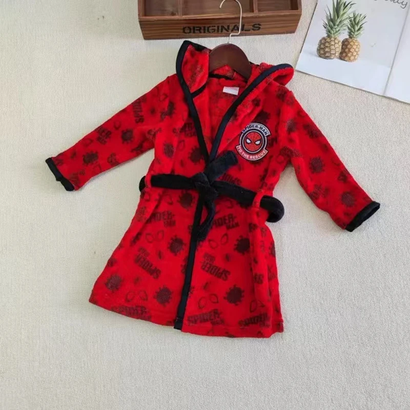 Winter Children Bathrobe Cartoon Marvel Spiderman Kid Robes Coral Flannel Nightgown Boy Girl Pajamas Warm Sleepwear Baby Clothes