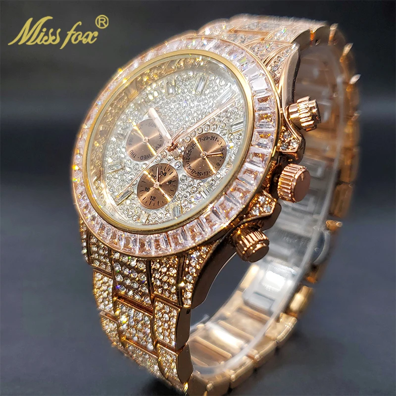 

New Male Designer Fashion Men Luxury Rose Gold Watch All Dial Work Chronograph Stopwatch Diamond Iced Bezel Quartz Wristwatches