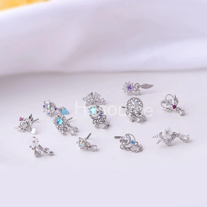 Nose Rings Piercing Jewelry Nose Studs 316L Surgical Stainless Steel CZ Dangle Nose Studs Colorful Indian Screw Nose Rings 1Pcs