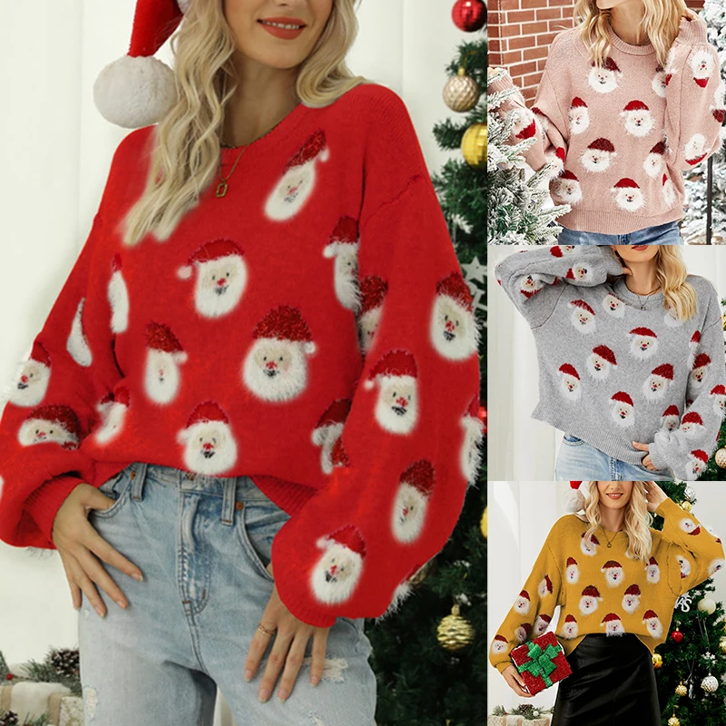 

2023 Autumn And Winter Women Santa Claus Print Sweater Christmas Knitted Pullover New O-neck Lantern Sleeve Loose Top
