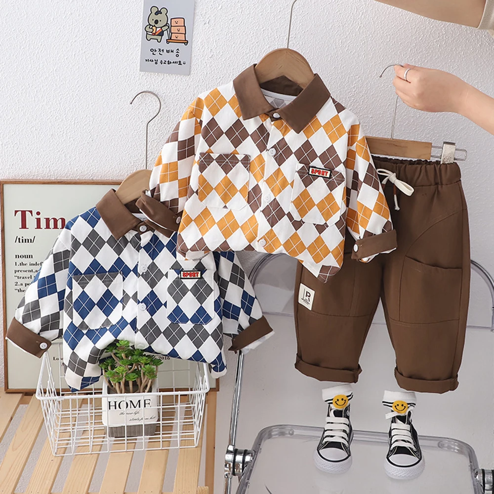 

2024 new Children rhombus plaid long-sleeved shirt and casual pants suit boy spring clothing baby boys clothes 2pcs/set