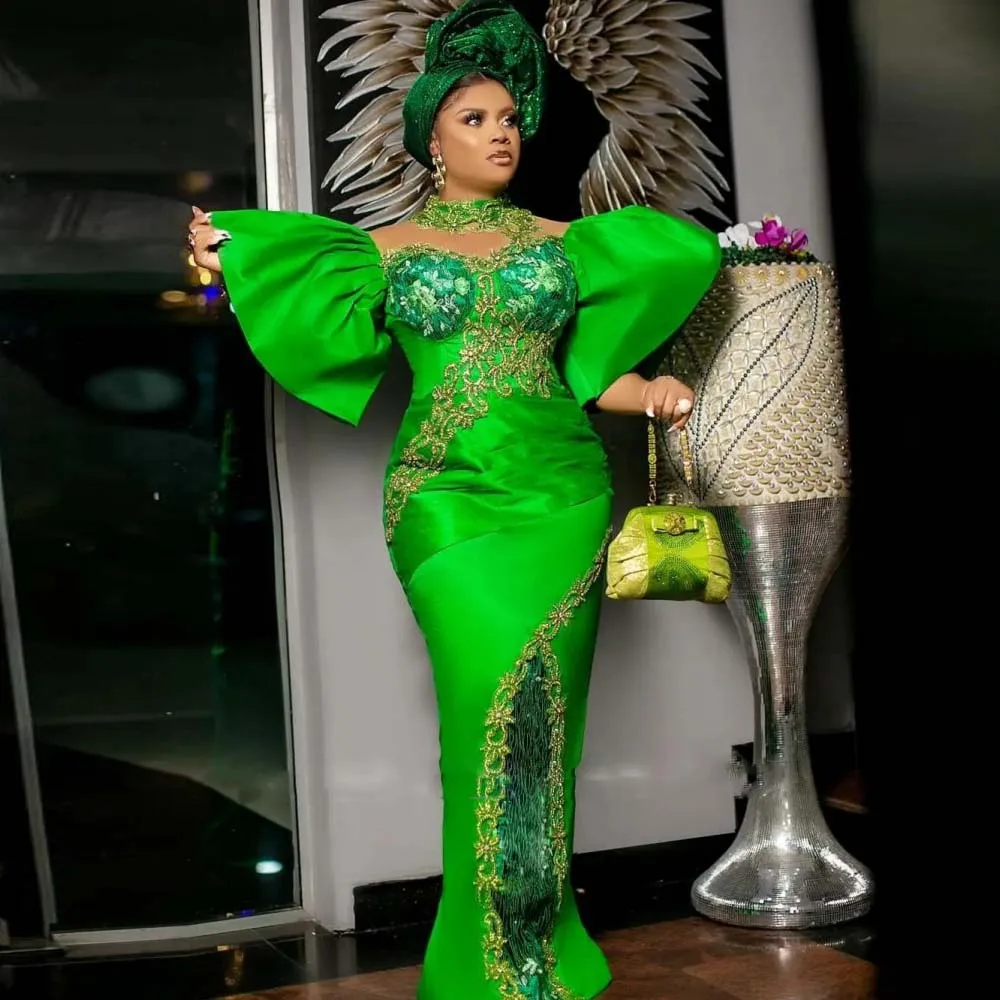 

Green Aso Ebi Prom Dresses With Puffy Sleeves Appliques Beads Mermaid Evening Gowns High Neck Nigerian Plus Size Party Gowns