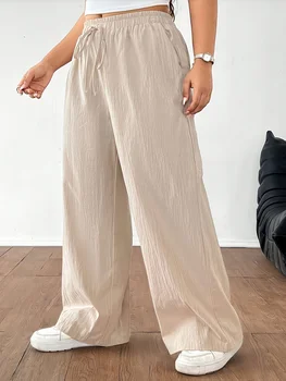 Plus Size Ladies Trousers Casual Cotton Linen Loose Comfortable Mid-Waist Wide Leg Pants European Style Home Leisure Fashion