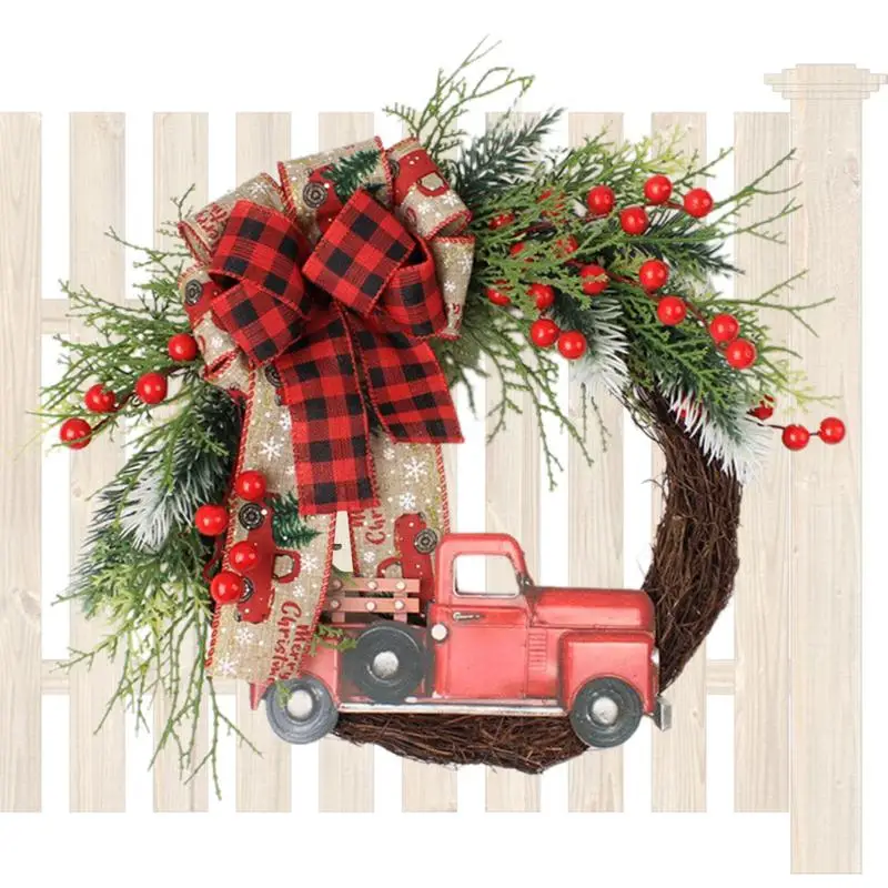 

Christmas Wreath With Red Truck Farmhouse Reusable Artificial Wreath Seasonal Decors For Fireplaces Railing Front Doors Back