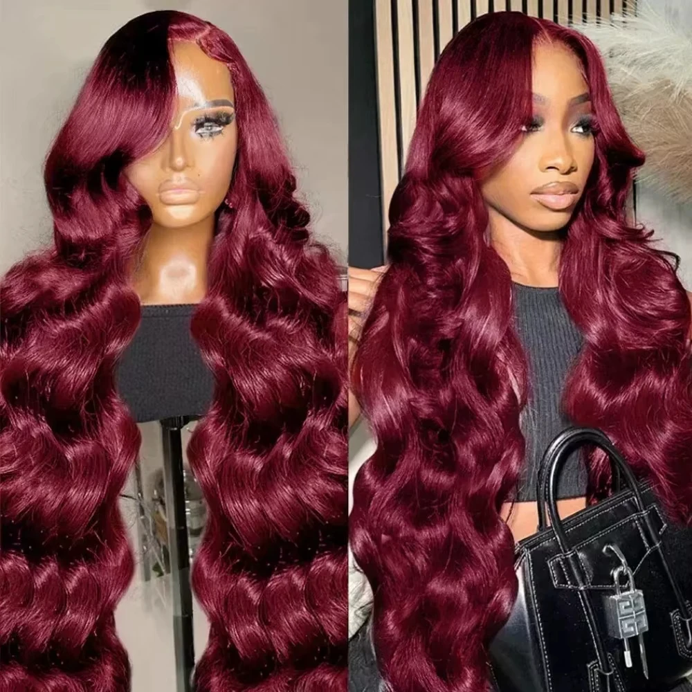 28 Inch 99j Burgundy Lace Front Wigs Human Hair Red Burgundy Wig 250% Density 13x4 Body Wave Lace Front Wigs Pre Plucked 3
