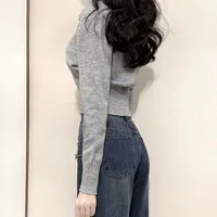 Xpqbb Korean Chic Turndown Collar Sweaters Female Gray Slim Fit Long Sleeve Cropped Sweater for Woman Streetwear Knit Pullovers - Image 2