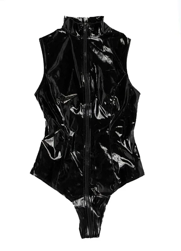 Women Sexy Latex Wet Look Front Zip Vinyl Bodysuit Teddy PVC Catsuit Night Clubwear