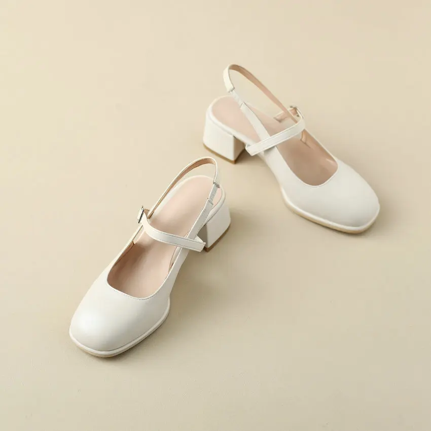 QUTAA Women Pumps Spring Summer Slingbacks Sandals Working Thick Med Heels Genuine Leather Shoes Woman Size 34-43