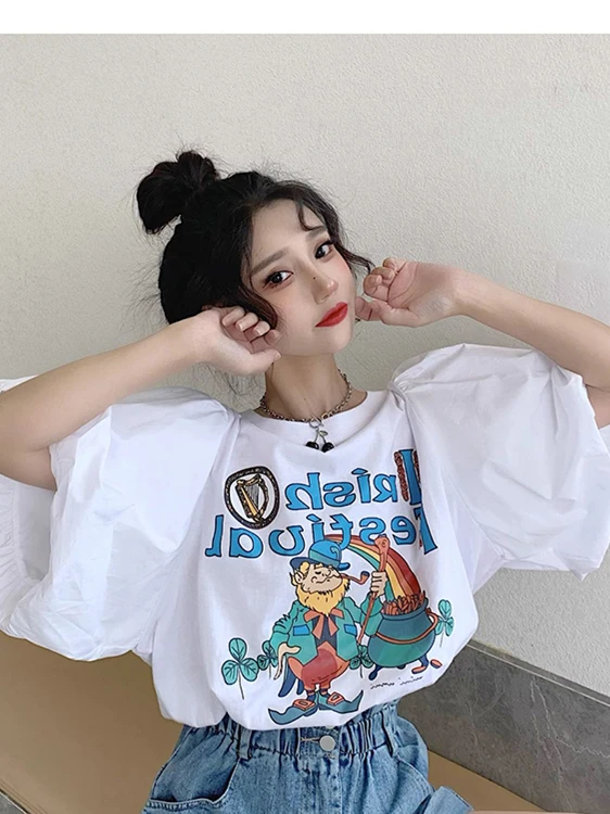 White ort Sve T-irt Women's Design Summer 2025 New Print Anti-Aging Lantern Bubble Sve Top Korean Sle Loose Fit 2