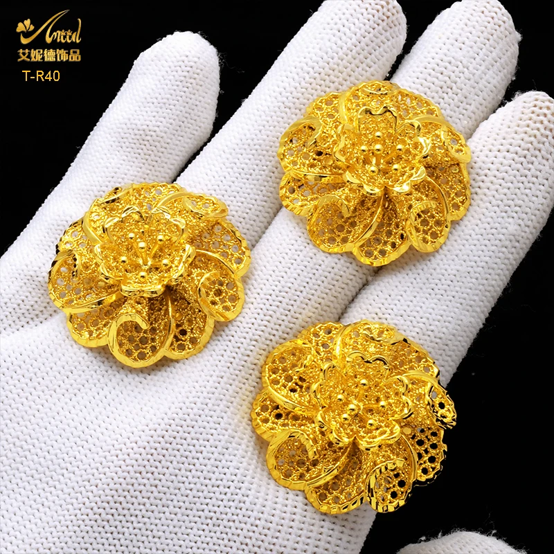 Dubai 24K Gold Plated Golden Ring NEW Fashion Luxury Charm Flower