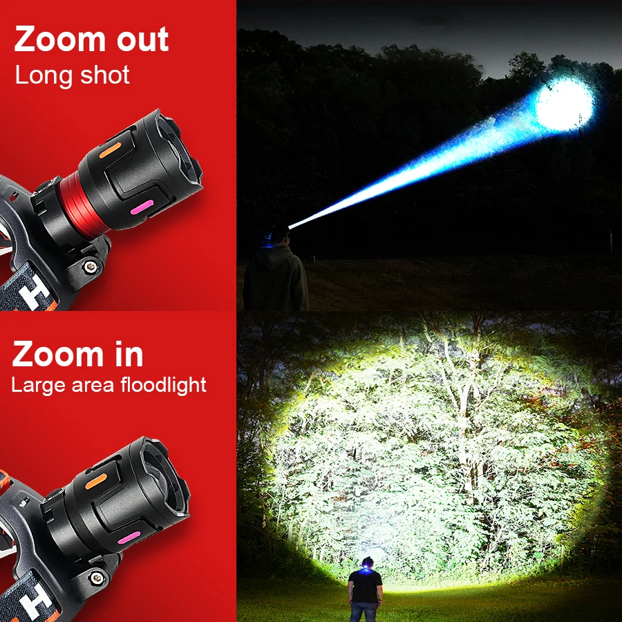 2026 새로운 울트라 브라이트 1500W LED 헤드램프 고출력 헤드라이트 18650 야외 낚시 사냥 캠핑용 충전식 헤드 토치