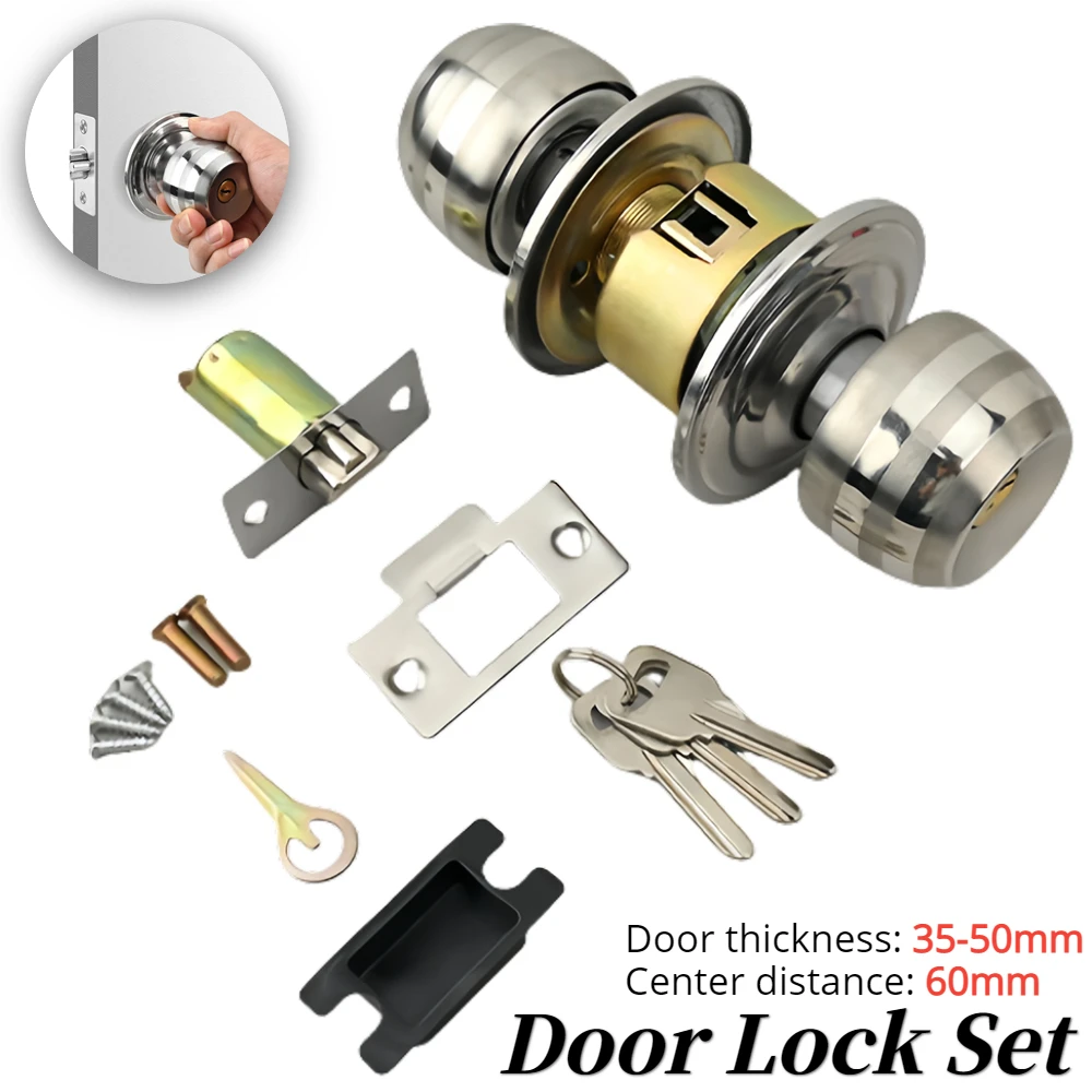 Door Knobs 1set Safety Lock Door Handle Stainless Steel Entrance Round Doorknob Passage Lock with Key For Home Office Hotel