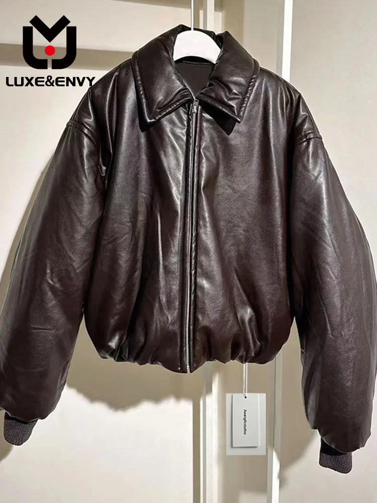 

LUXE&ENVY Haili Same Autumn/Winter New AwangAcademy Brown Collar Long Sleeve Leather Short Cotton Coat 2023 Autumn