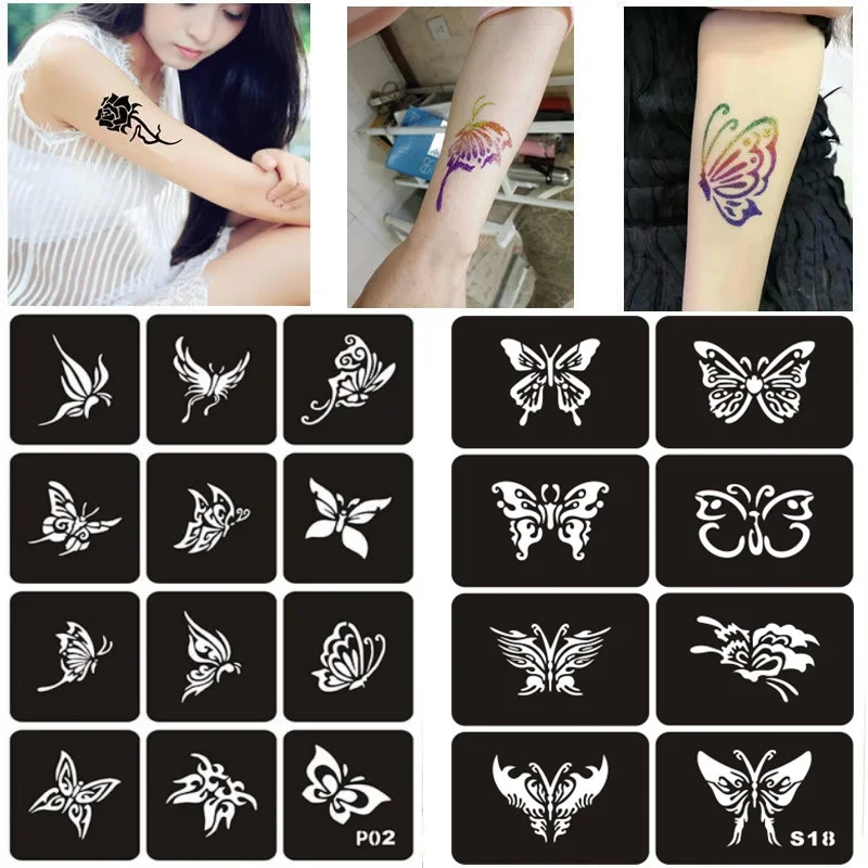 Henna Glitter Tattoo Stencils Painting Temporary Airbrush Adhesive Template Letter Dragon Butterfly Pochoir henna tattoo stencils