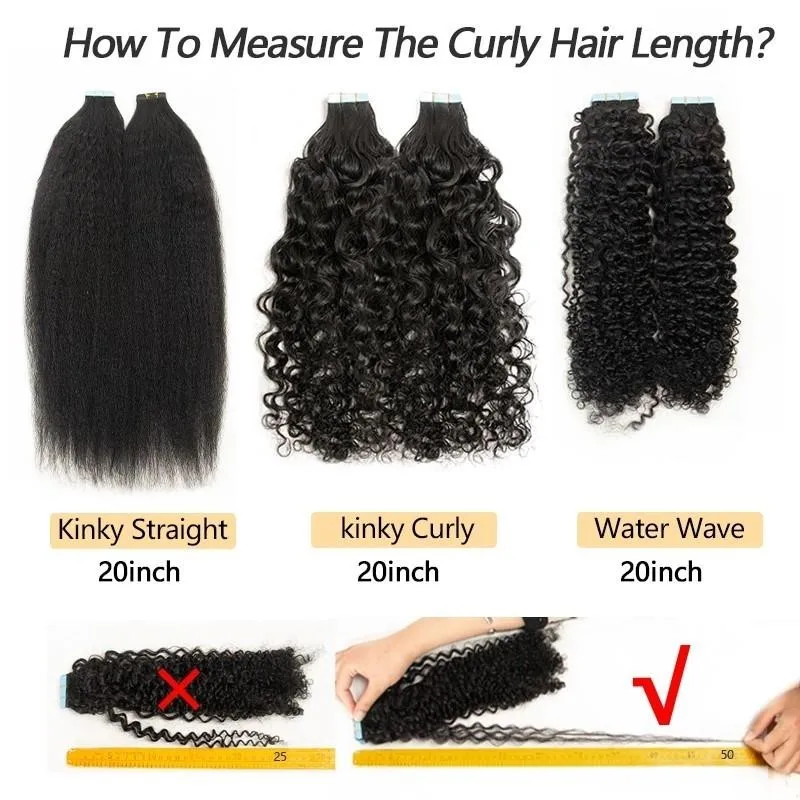MRS HAIR Tape In Hair Extensions Deep Curly Human Hair Skin Weft Kinky Curly Tape 12-24inch Natural Black Remy 20pcs/Pack