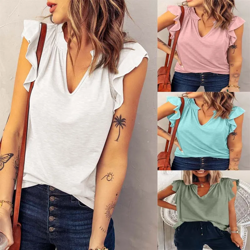 

Women's Spring and Summer New Fashion V-neck Short-sleeved Loose Top T-shirt Short-sleeved Female & Lady Top