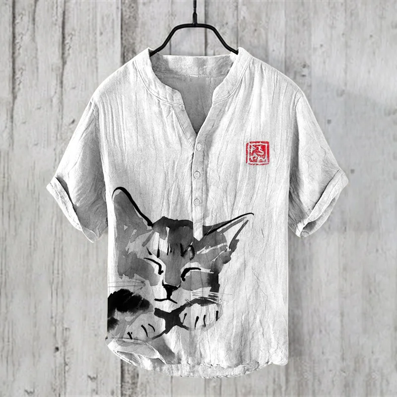 New style ink cherry blossom carp 3D print stand collar short sleeve shirt foreign trade fashion casual loose bamboo linen shirt