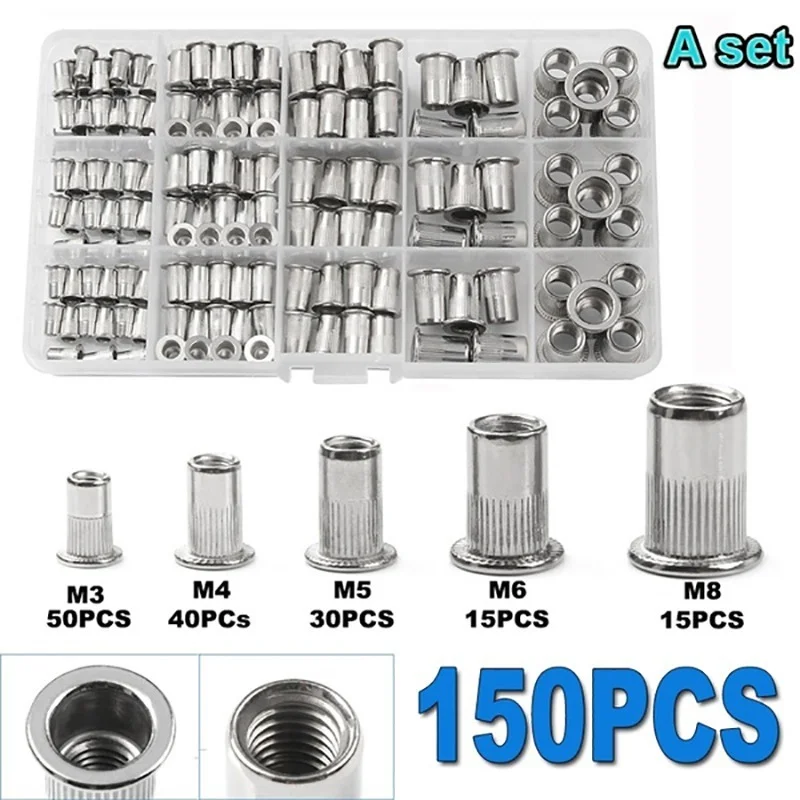 Rivet Nuts 150PCS Gun Mandrel Kit M3/M4/M5/M6/M8 or Nut Rivet Mandrels Repairtool Rivetgun Flatheadscrew Pop Nut Rivet Gun Set