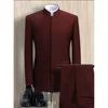 Fashion Solid Men Suits 2 Piece Stand Collar Long Sleeves Formal Outfits Chic Business Casual Wedding Tuxedo (Blazer+Pants) 3