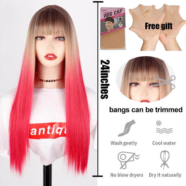 Synthetic Hair Pink and Black Wig Two layers of Wigs Long Straight hair Cosplay Wig Two Tone Ombre Color Women Wigs Lolita Wig T1/27