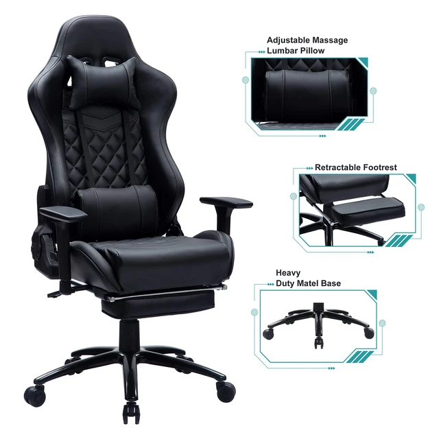 Chaise Gaming avec Base Ronde Appui Dos Inclinable 118° Coussin