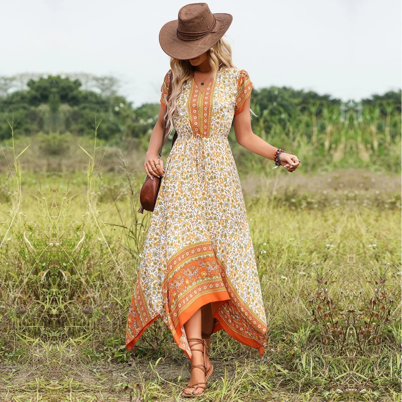 

Spring and Summer New Women's Bohemian Holiday V-neck Printed Floral Dress Generation Dgcs