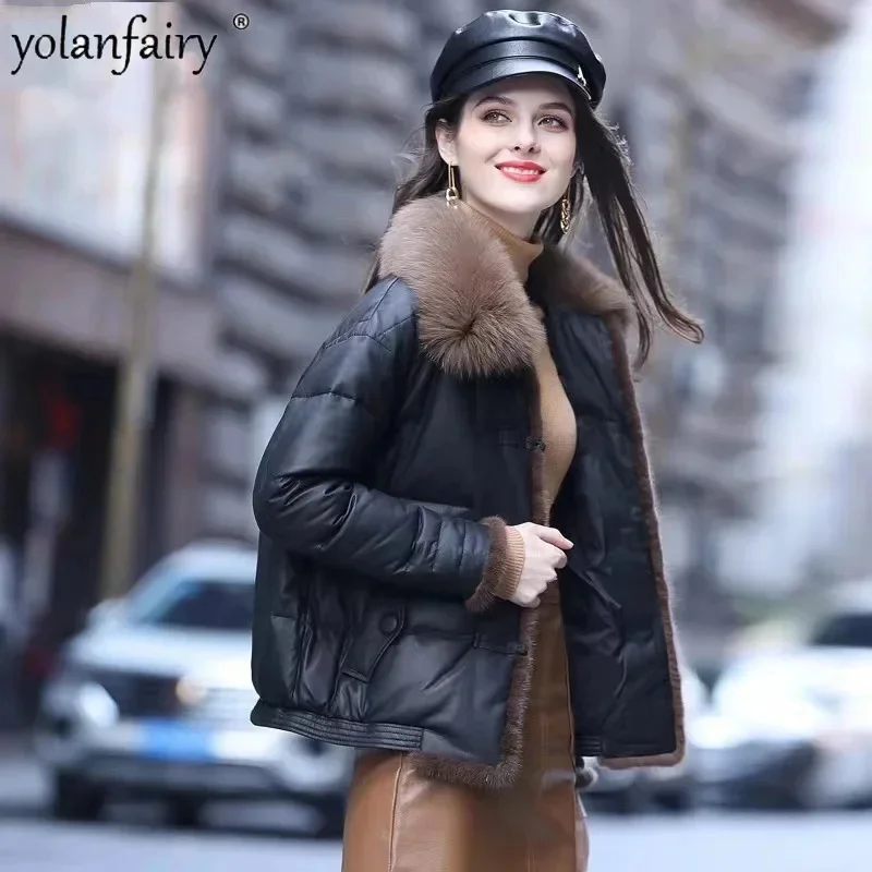 

Winter New 2023 Genuine Leather Down Jacket for Women Short Fashion Natural Sheepskin Fox Fur Square Collar Warm Clothes FCY5117