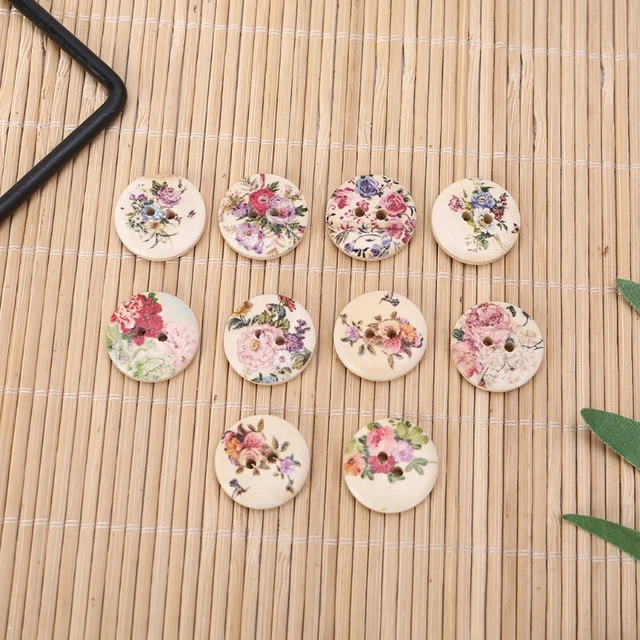 50 Pcs Vintage Peony Print Round Wooden Sewing Buttons Bulk