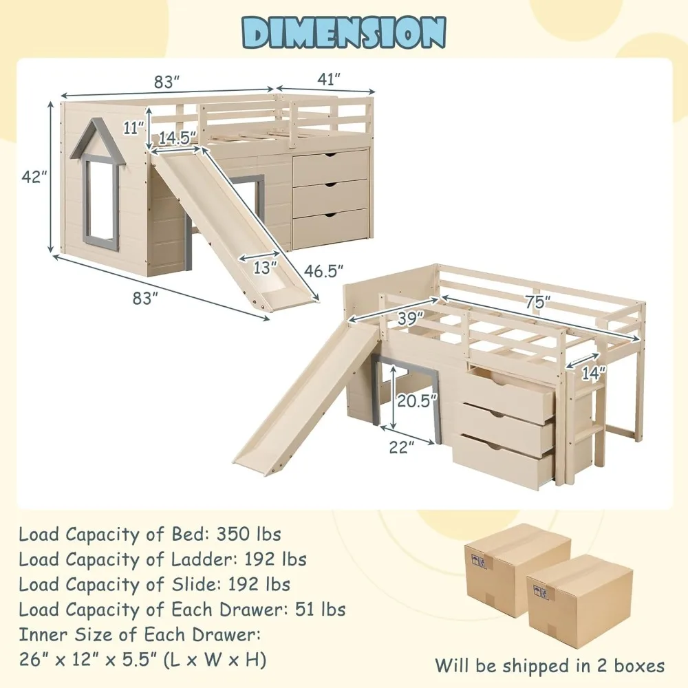 Wood Loft Bed with Slide, Ladder,  Loft Bed for Girls & Boys, Children Beds 4