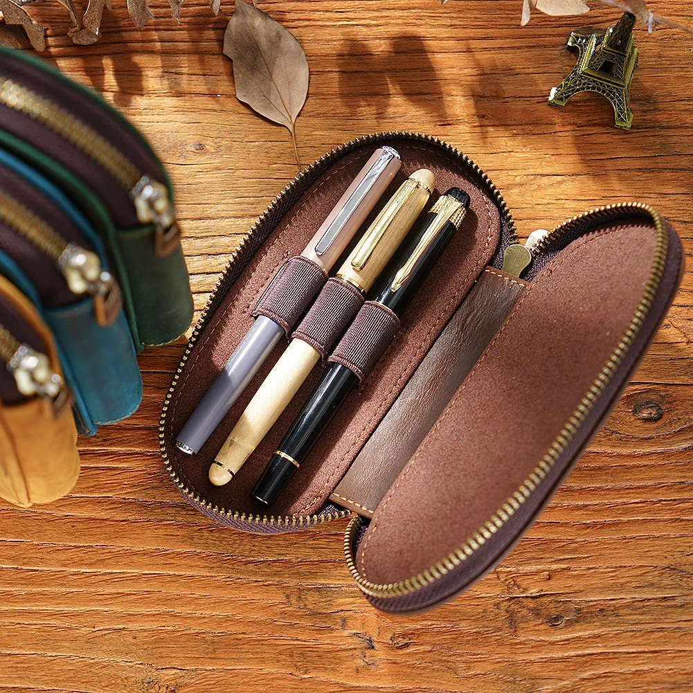 Large-capacity Pen Book All-in-one Zipper Pen Bag Retro Pen Pouch Crazy  Horse Leather Pencil Bag for School Students Stationery