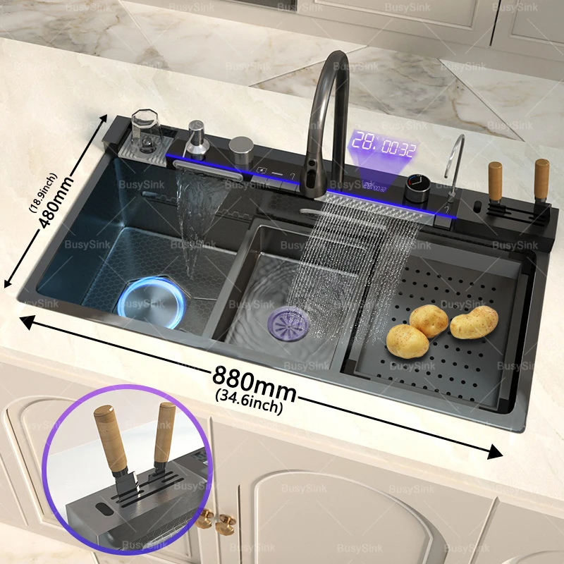 Gloden Stainless Steel Waterfall Kitchen Sink with Faucet Digital Display Multifunctional Large Single Slot Dishwashing Basins