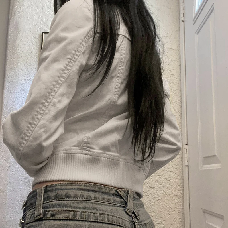 Abrigo con cremallera retro americano de invierno Y2K, chaqueta minimalista lisa de corte entallado con bolsillo, atuendo informal grunge para mujer