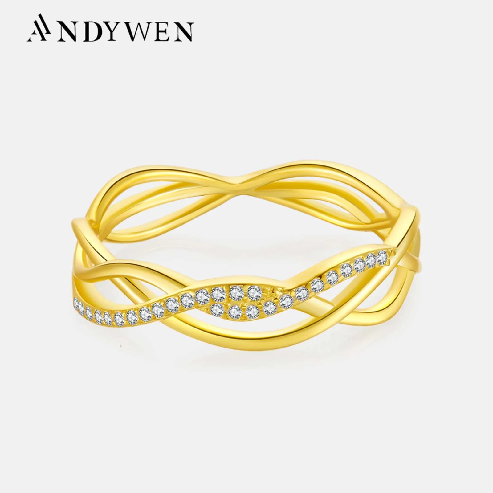 

ANDYWEN 100% 925 Sterling Silver Synergy Gold Ring Twist Zircon Cross Women Band Fine Jewelry 2022 Lady Wedding Jewelry