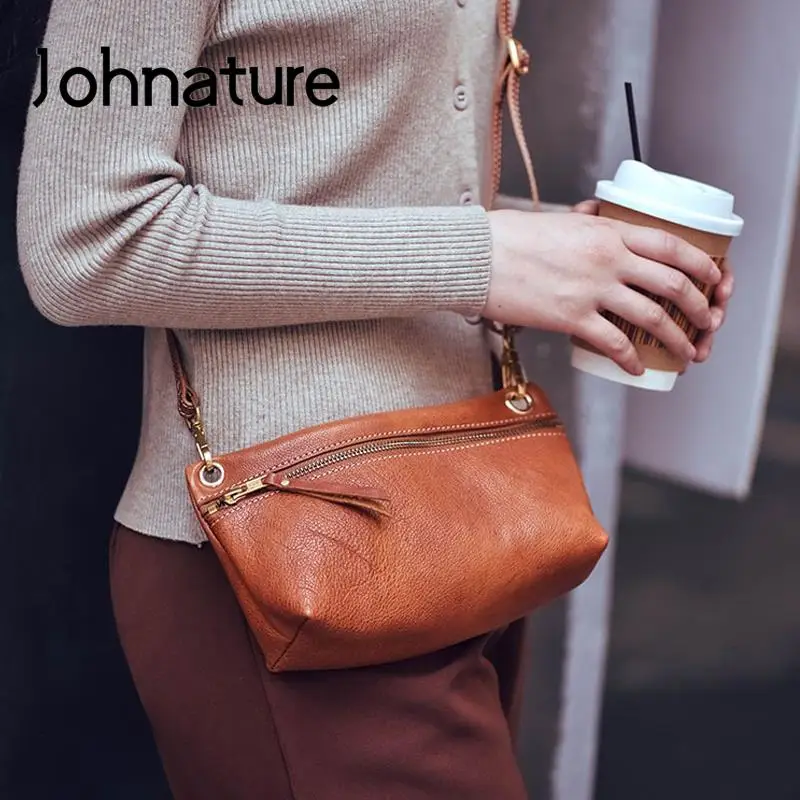 

Johnature Retro Light Crossbody Women's Bag Genuine Leather Handmade Solid Color Natural Soft Real Cowhide Small Shoulder Bags