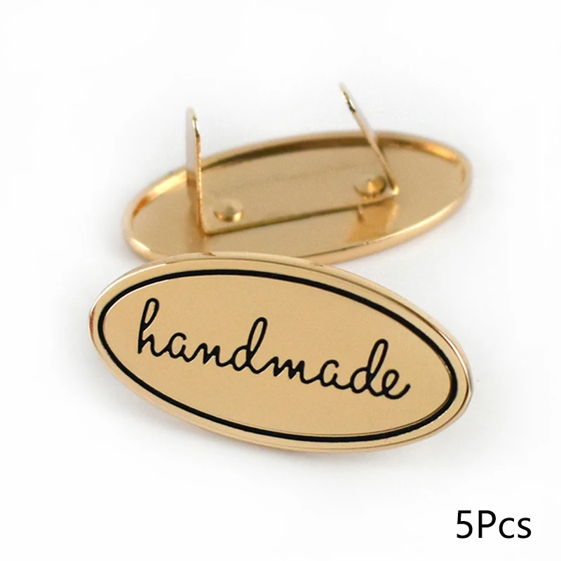 Garment Labels 5PC Hand Made Metal Labels Gold Silver Color Craft For Bags Purse Hand Made Letter Printed DIY Sewing