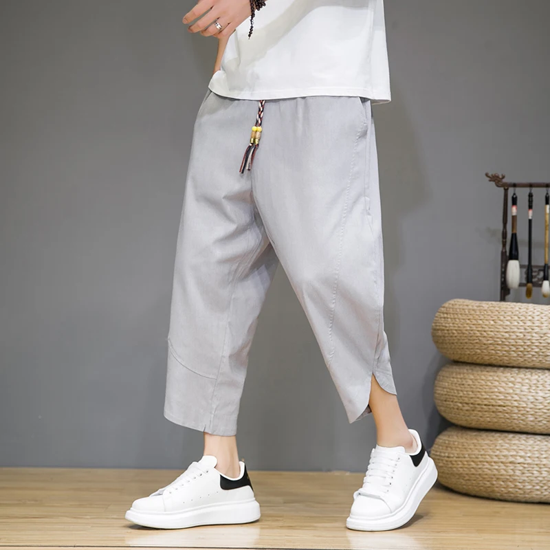 

2023 Summer Harajuku Calf Length Casual Men Pants Wide Leg Cotton Linen Harem Baggy Pants Fashion Soild Color Trousers Male